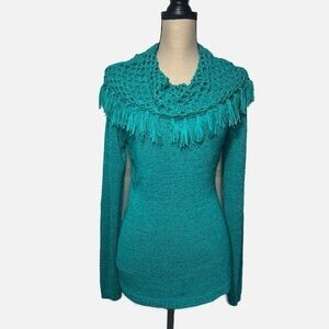Multiples Green Fringed Cowl Neck Sweater Womens size Medium